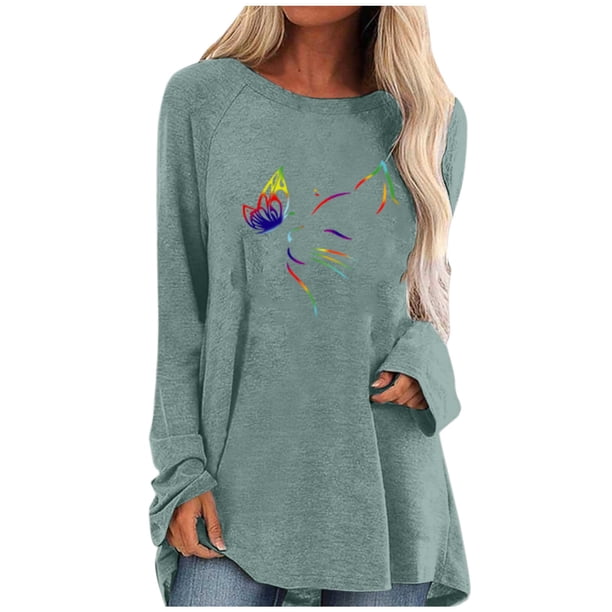 Camiseta de manga larga informal suelta con cuello redondo y estampado de color liso para mujer Fridja hj1759