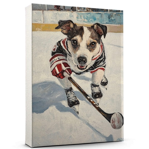 Rat Terrier Cute Dog Ice Hockey Stretched Canvas Size 8x12 Retro Rat Terrier Dog Batter in Action With Ice Hockey for Themed Living Room