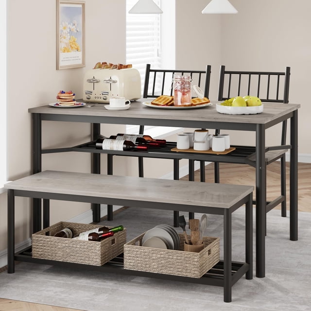 Ourlova Dining Table Set for 4 Kitchen Table and 2 Chairs with Storage Bench 47.2 inch Rectangular Kitchen Table Set with Wine Rack Dining Room Table Set for Small Space Apartment Rustic Gray