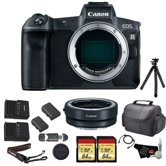 Canon EOS R Mirrorless Digital Camera (Body Only) Bundle w/ Mount Adapter + 2x 64GB Memory Cards + Replacement Battery & more