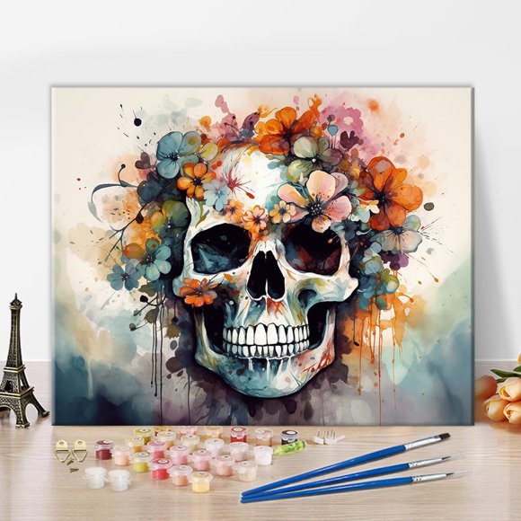 shiyou-Paint by Numbers for Adults Beginner, Abstract Skull with Floral Adult Paint by Number Kits Paint by Number DIY oil Painting Kit on Canvas Painting by Numbers for Adults, 16 x20 Inch
