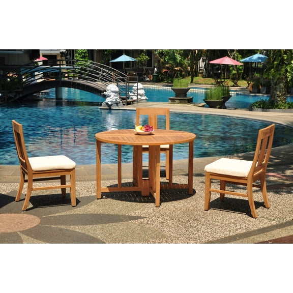 Grade-A Teak Dining Set: 3 Seater 4 Pc: 48" Round Butterfly Table And 3 Osborne Armless Chairs Outdoor Patio WholesaleTeak #WMDSWVm