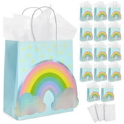 15-Pack Rainbow Gift Bags with Handles and 20 White Tissue Paper Sheets, Medium-Size Goodie Bags For Baby Shower, Birthday Party Favors (8x9x4 in, Blue, Kraft Paper)