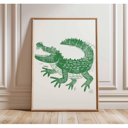 Crocodile Poster Animal Wall Art Green Linocut Style Room Decor Art, Unframed Poster