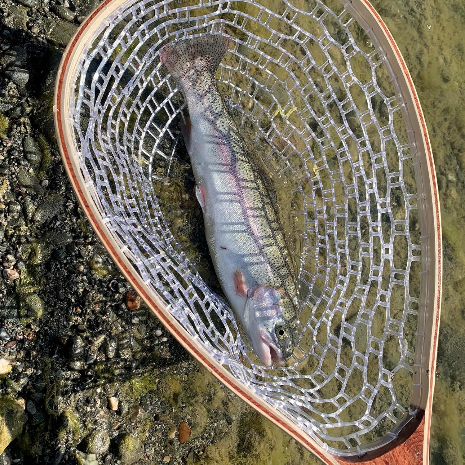 Fly Fishing Net, Trout Net, Wooden Frame Fly Fishing Landing Net with Soft Rubber Mesh for Catch and Release, Lightweight Fish Net for Trout Bass, Fly Fishing Gear for Stream Fishing