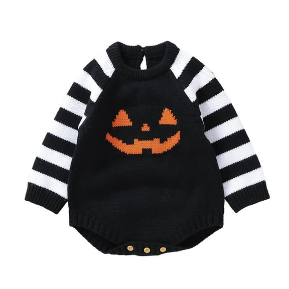 MQLKF Baby Girls Boys Crewneck Halloween Outfits Striped Long Sleeve Pumpkin Romper Knitted Sweater Bodysuit Jumpsuit Casual Fashionable Clothes Set