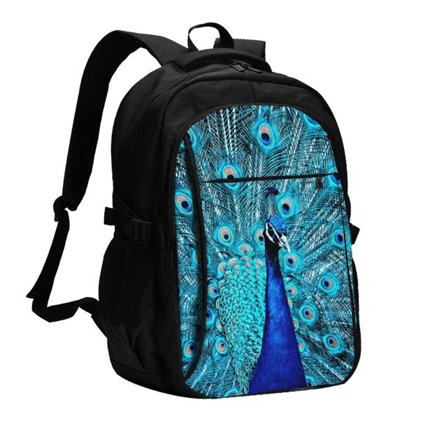 Easygdp Beautiful Blue Peacock Mochila para Laptop de Viaje con Puerto USB, Mochila para Laptop con Puerto de Carga USB para Mujeres y Hombres
