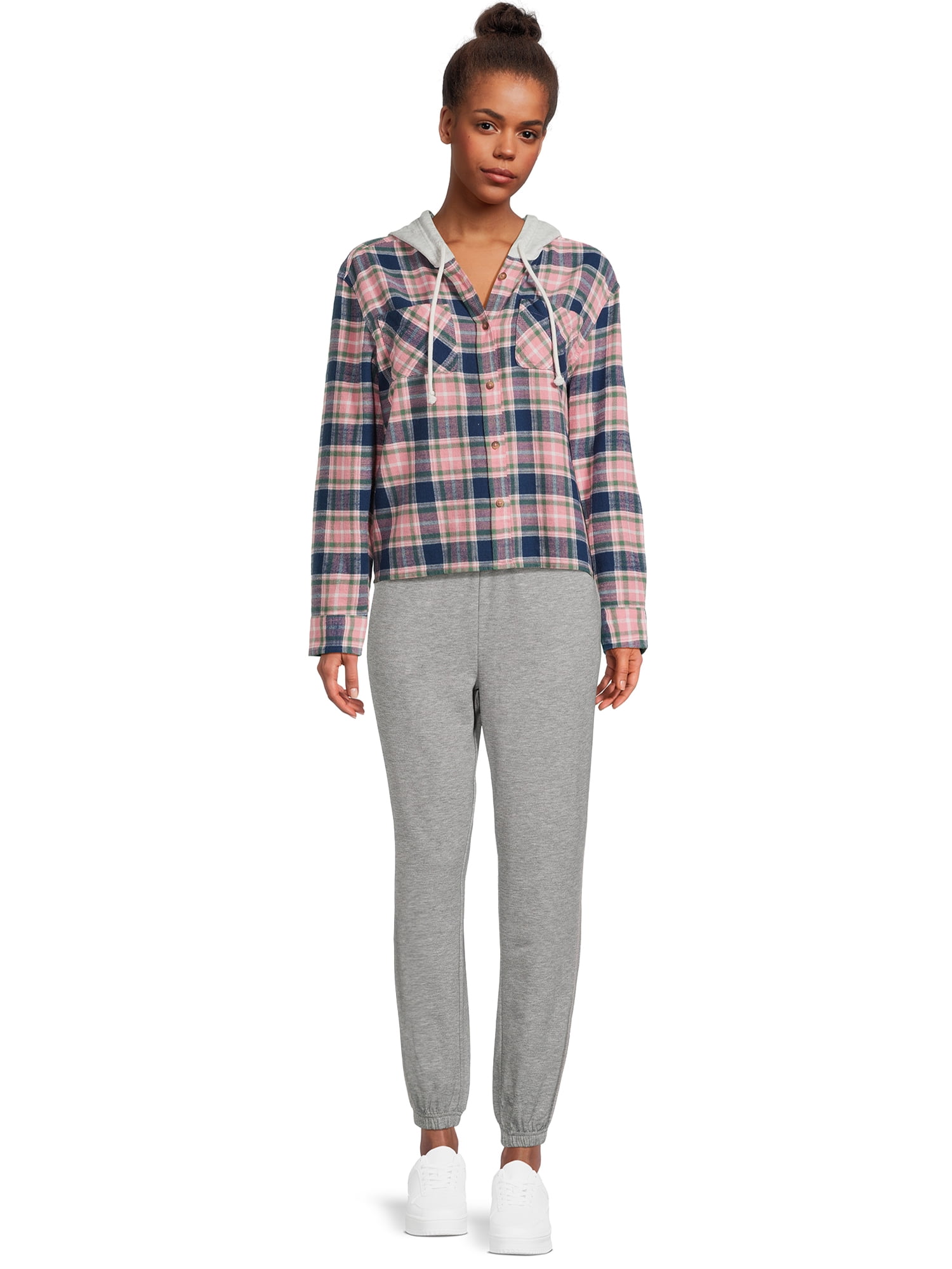 Time and Tru Women's Hooded Crop Flannel Shirt, Sizes XS-XXXL