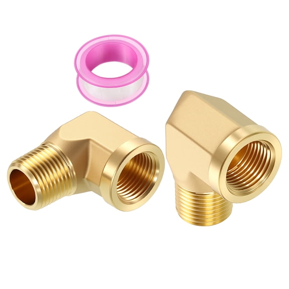Uxcell 2 Pack Brass Pipe Fittings, 90 Degree 3/8" FeMale NPT to 3/8" Male NPT Barstock Street Elbow with Sealing Tape, Forged Pipe Fitting Connector for Air, Oil, LP, Fuel