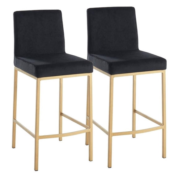 Pemberly Row Velvet and Metal 26" Counter Stool Set of 2 Black and Aged Gold Leg