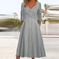 thumbnail image 2 of Usmixi Summer Dresses for Women Casual Button Down Twistted Loose Swing Tunic Dresses with Pocket 2023 Elbow-Length V-Neck Plain Long Formal Dress Gray m, 2 of 6