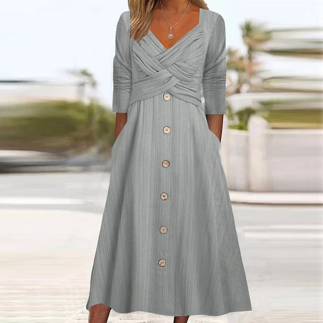 Gspmoly Robe pour Femmes, Robe Décontractée Ample à Bretelles à Col en V avec Boutons à l'Ourlet pour Femmes, Robes de Soirée pour Femmes jusqu'à 60 % de Rabais
