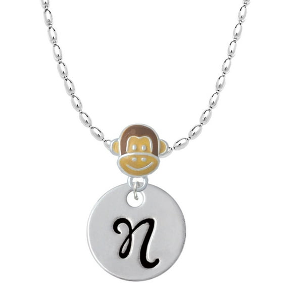 Delight Jewelry Silvertone Large Script Letter - N - 3/4'' Disc - Mia Monkey Charm Necklace