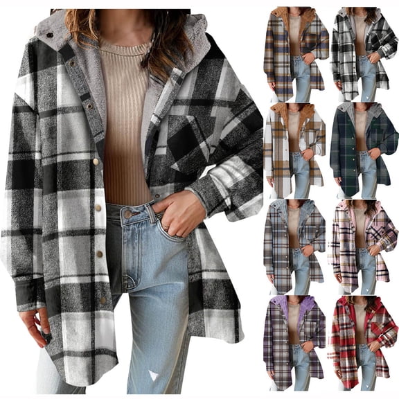 lcziwo Womens Plaid Shacket Jacket Long Sleeve Button Down Fleece Hooded Jackets Winter Warm Hoodie Coat with Pocket Khaki L
