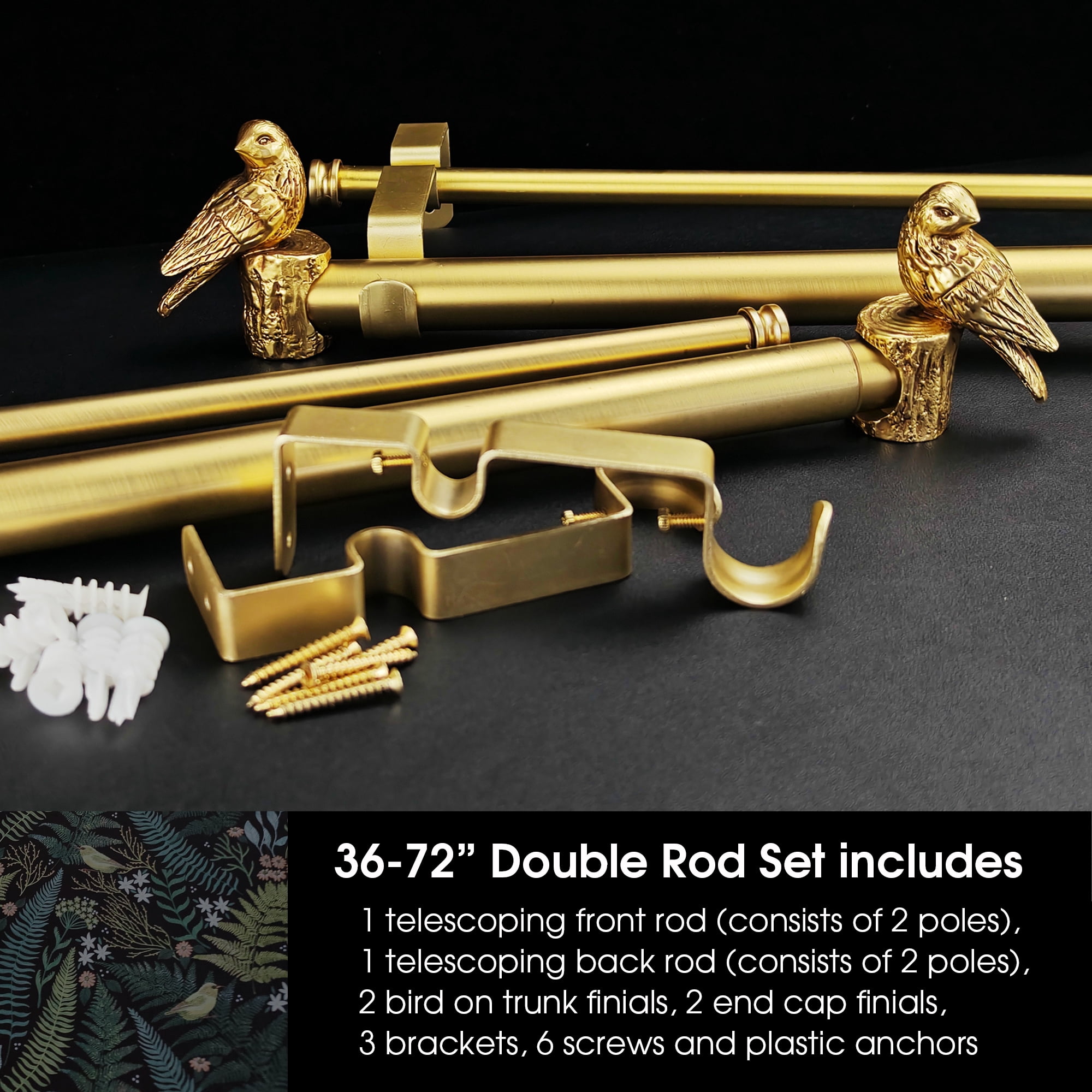 1-1/8 Inch Diameter Gold Curtain Rod with Bird Design Finials, 36-72''