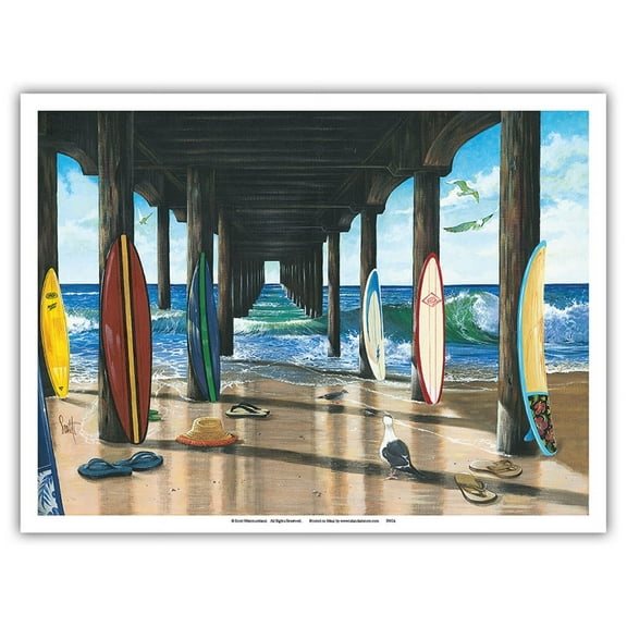 Pier Group - Surfboard Art - From an Original Color Painting by Scott Westmoreland - Master Art Print (Unframed) 9in x 12in