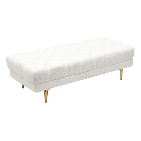 Leonora White Boucle Fabric Dining Bench with Gold Metal leg