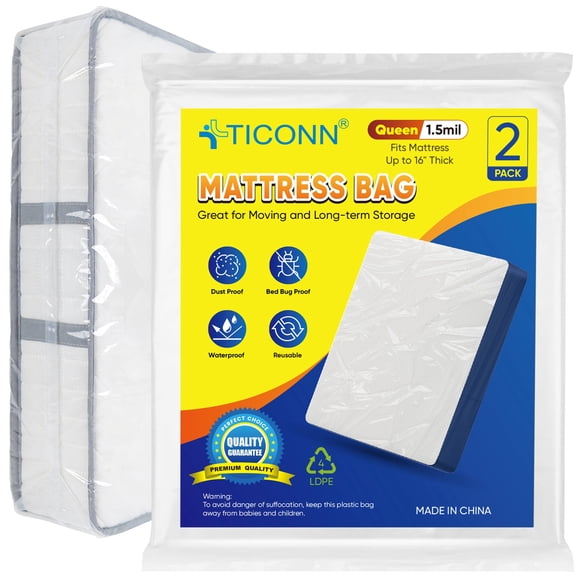 TICONN 2 pack Queen Mattress Bags for Moving & Storage, 1.5 Mil Waterproof Covers
