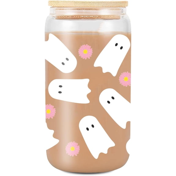 Halloween Cup, 16oz Glass Cups w/ & Straws, Daisy Design Iced Coffee Tumblers for Smoothie, Cute Halloween Spooky Gifts for Women, Girls, Teens, Boo Basket Stuffers