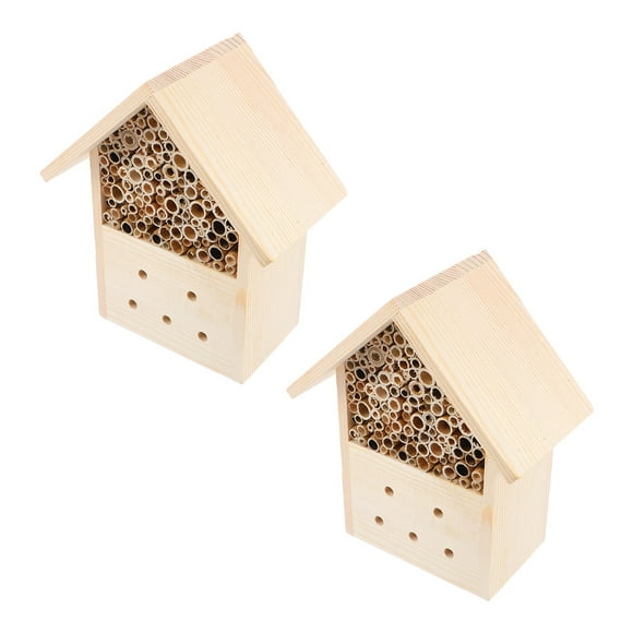 OULII 2Pcs Bee Nest Wood Bee Hive Wooden House Shape For Garden