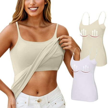 Nokdvo Tank Tops with Built In Bras Shelf Bra Camisoles Adjustable Spaghetti Strap Tank Tops Workout Basic Padded Undershirts Khaki 4XL
