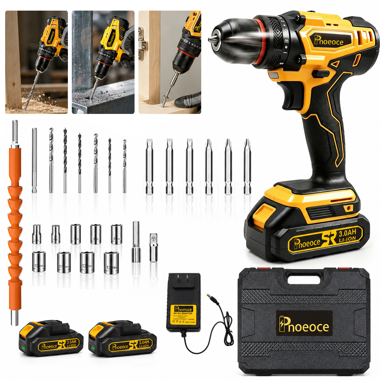 Pnoeoce 20V Cordless Drill Set,Power Drill Kit with 2x3 Ah Battery,3/8-Inch Keyless Chuck,2-Variable Speed
