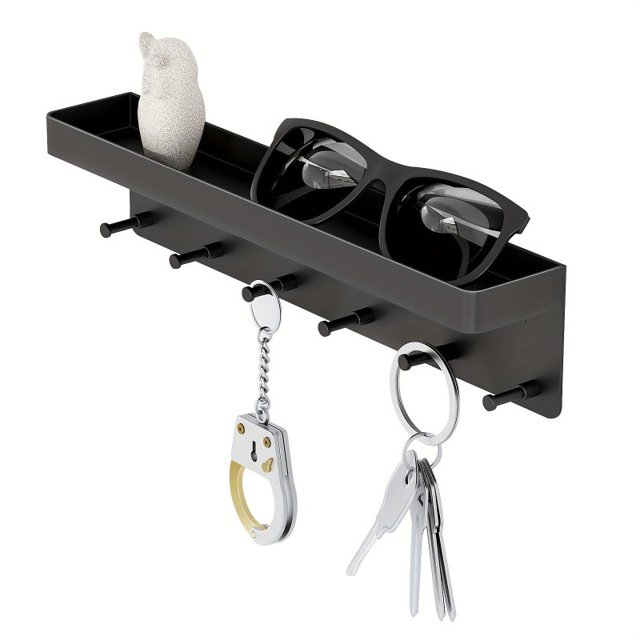 Decorative Wall Mounted Mail Organizer and Key Holder with Tray - 6 Stainless Steel Key Hooks for Hallway Kitchen (Black)