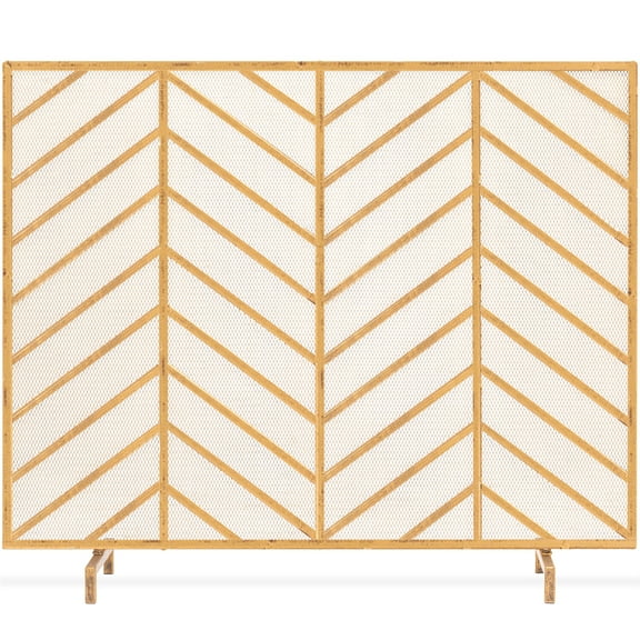 Best Choice Products 38x31in Single Panel Handcrafted Iron Chevron Fireplace Screen w/ Distressed Finish - Gold