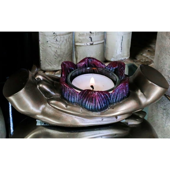 Ebros Dhyana Mudra Buddha Palms With Padma Lotus Tea Light Votive Candle Holder