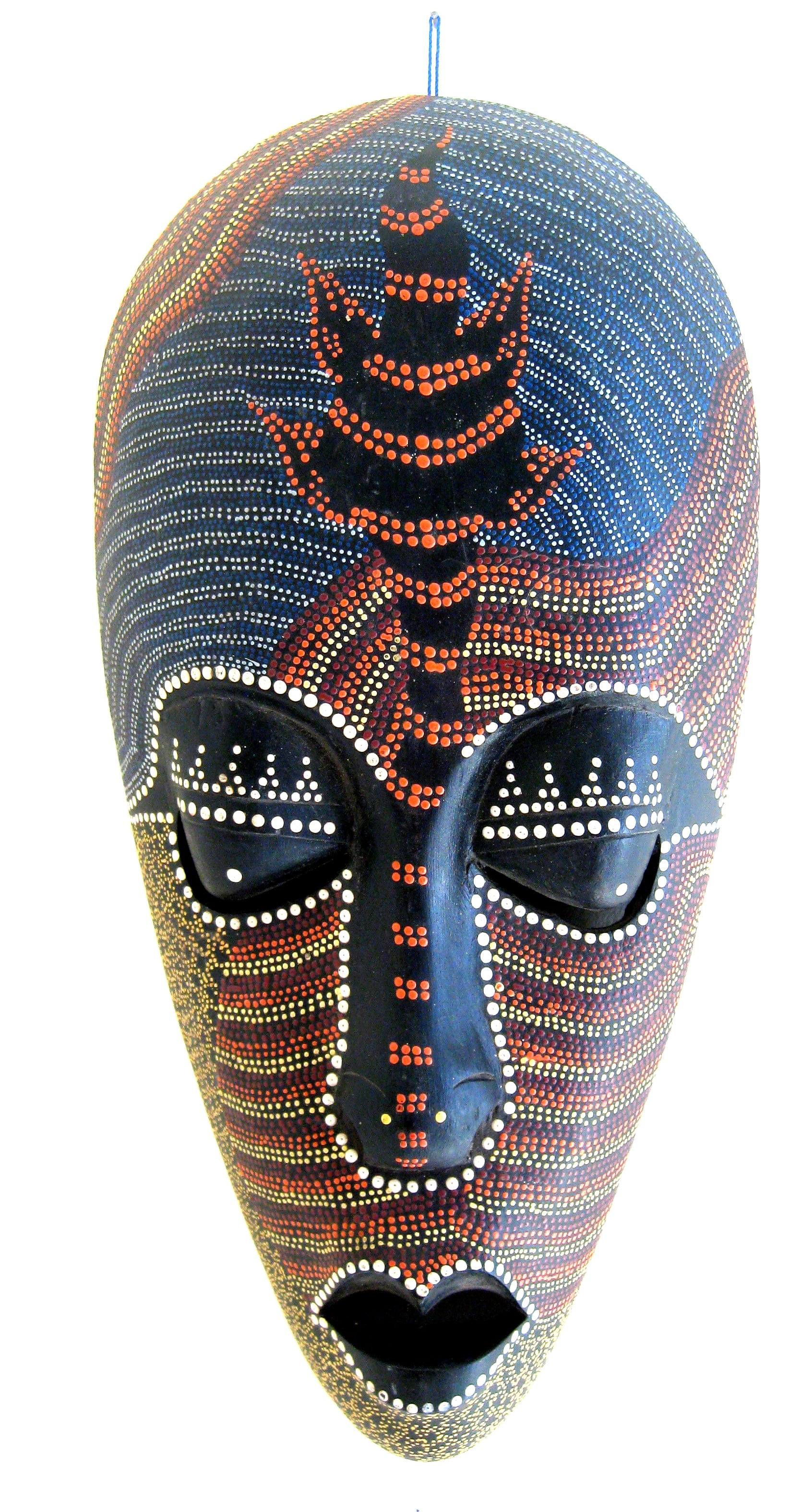 African Wooden Mask Fish Painting Dots Tribal Hand Carved Wall Art Hanging 8 in