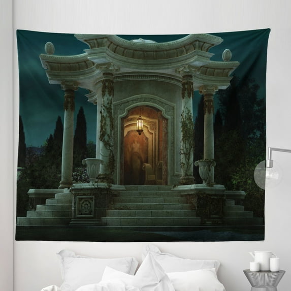 Gothic Tapestry, Roman Pavilion Lantern Ivy Pillars Dome Medieval Architecture Mystic Theme, Fabric Wall Hanging Decor for Bedroom Living Room Dorm, 5 Sizes, Petrol Blue Orange, by Ambesonne