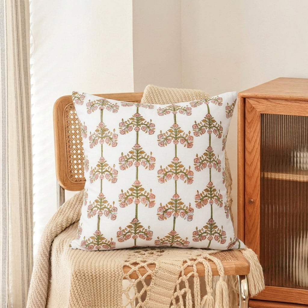 SHOPCREW Hand Block Printed Cotton Cushion Covers with Zipper Closure, Decorative Throw Pillow Covers for Sofa Couch Bed, 20x20 Inches, Pack of 4 - Heritage Garden Spire