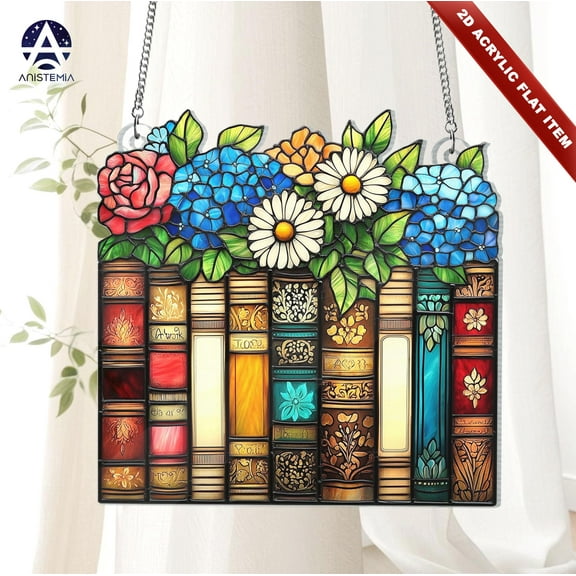 Flower & Book Acrylic Window Hanging Book Lover Ornament, Literary Window Art for Library or Study, Book Club & Librarian Gift