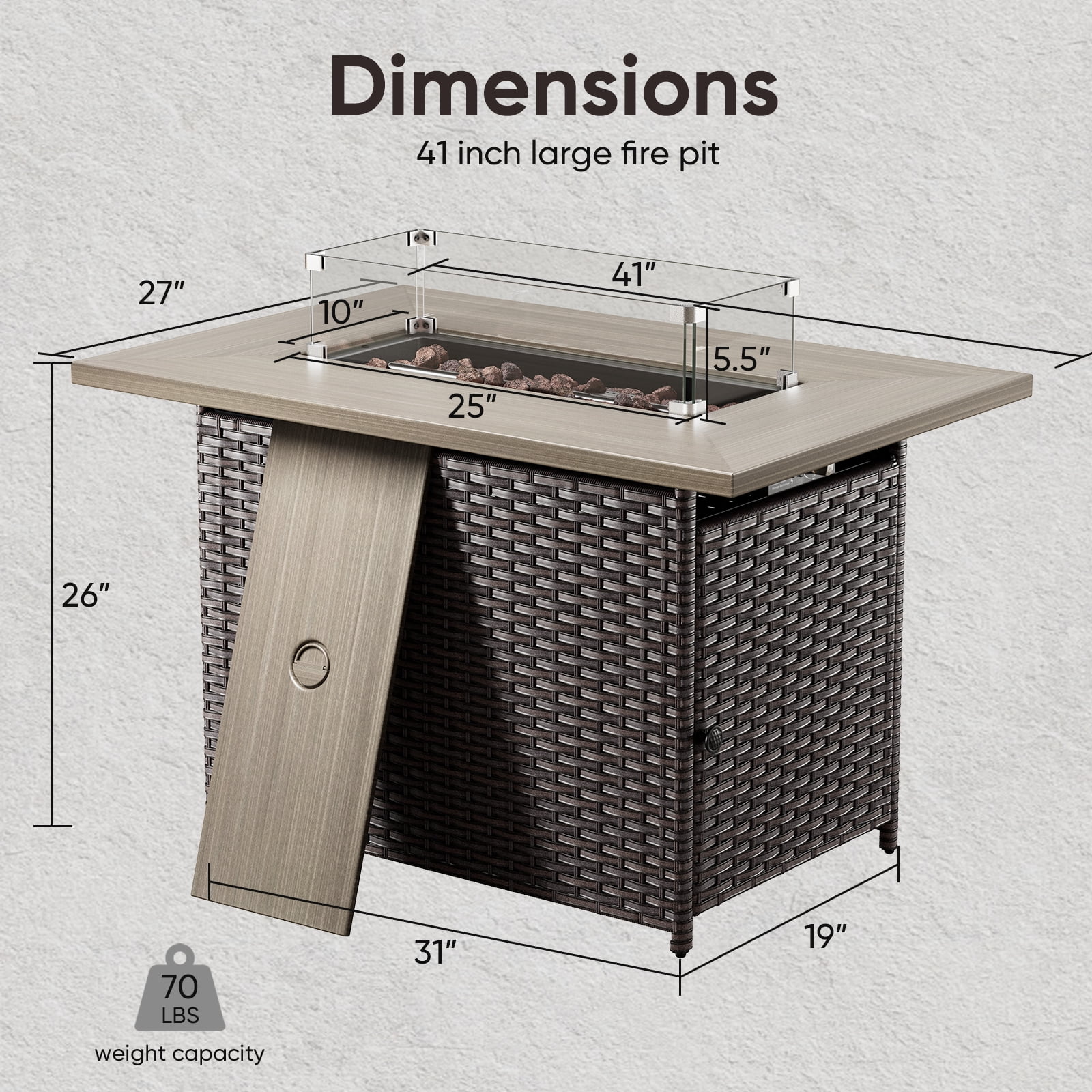 Gymojoy Brown 41 in. 50000 BTU Rectangular Wicker and Metal Propane Outdoor Dining Fire Pit Table with Glass Wind Guard Lid,Lava Rocks