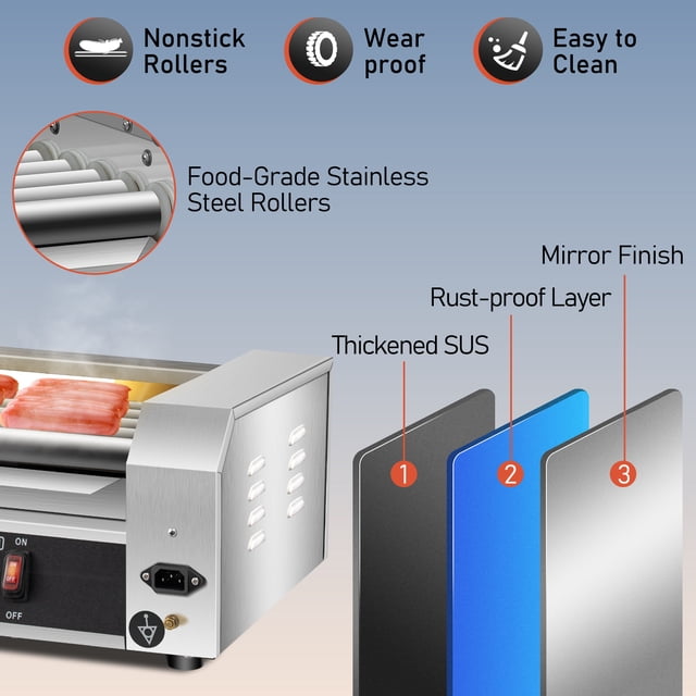 VEVOR Rodillo para perritos calientes, 12 capacidad para perritos calientes, 5 rodillos, máquina calentadora de cocción de acero inoxidable de 750 W con control de temperatura dual