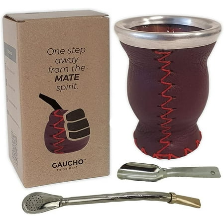 

GAUCHO-MARKET New [NEW] Yerba Mate Cup Set. Authentic Leather-Wrapped Glass with Aluminum Top Ring. Includes a Bombilla straw Black