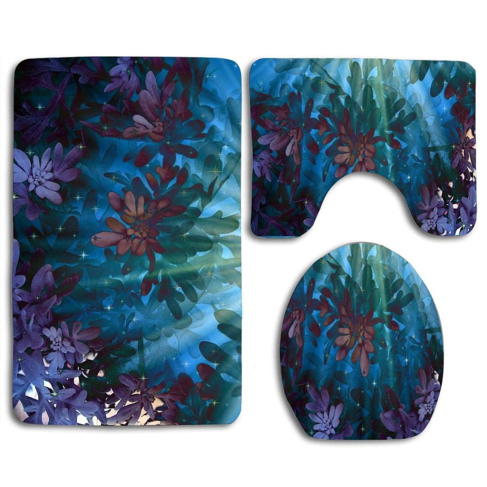 PUDMAD Flowers Patterns Purple Blue 3 Piece Bathroom Rugs Set Bath Rug Contour Mat and Toilet