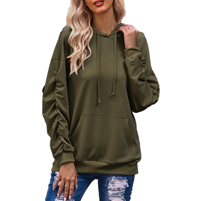 Sudadera con capucha plisada de manga larga con cuello redondo y bolsillo con cordón para mujer OD Green XL