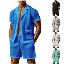Jinhomg Men's Lightweight Summer Outfits 2 Piece Hollow Out Vacation Sets Breathable Comfy Short Sleeve Button Shirt with Elastic Drawstring Waist Shorts 2025 Fashion Beachwear Gray L