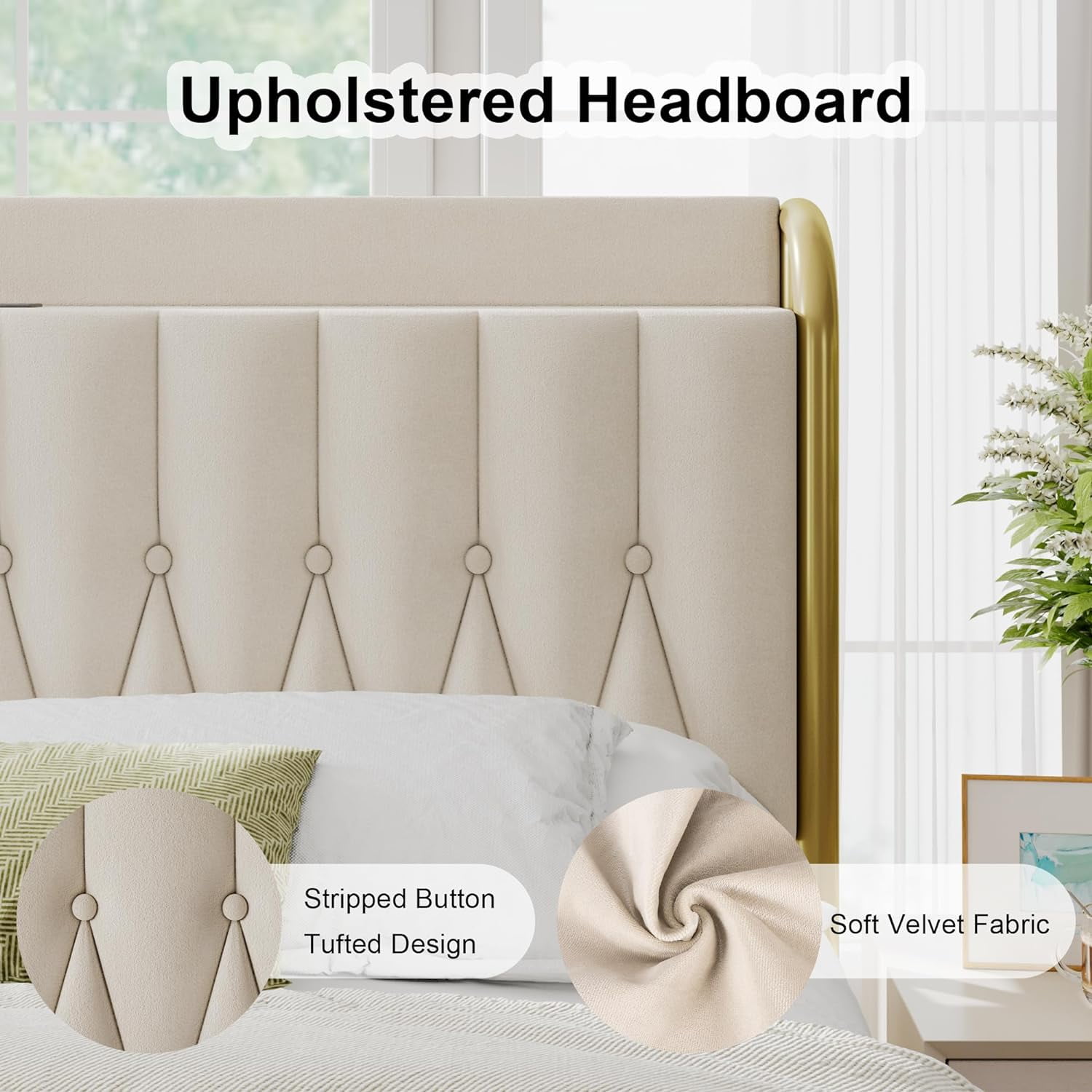 Feonase Velvet Queen Bed Frame with Type-C & USB Port, Metal Platform Beds, with Upholstered Headboard & Footboard, 12" Underbed Storage Space, Easy Assembly, Noise-Free, Gold&Beige