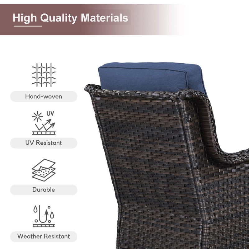 PARKWELL 4-Piece Outdoor Patio Furniture Set 5-Seat High Back Conversation Set with 41" Fire Pit Table and Swivel Glider for Patio Garden Deck,Brown Wicker Navy Cushions