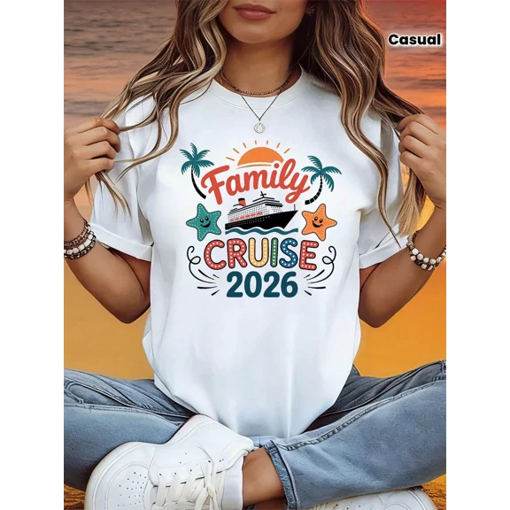 Women'S 2026 Family Cruise Theme T-Shirt | Cruise Ship & Starfish & Palm Tree & Slogan Decor Casual Short Sleeve, Colorful Orange-Blue Warm Vacation Family Cruise Travel Top