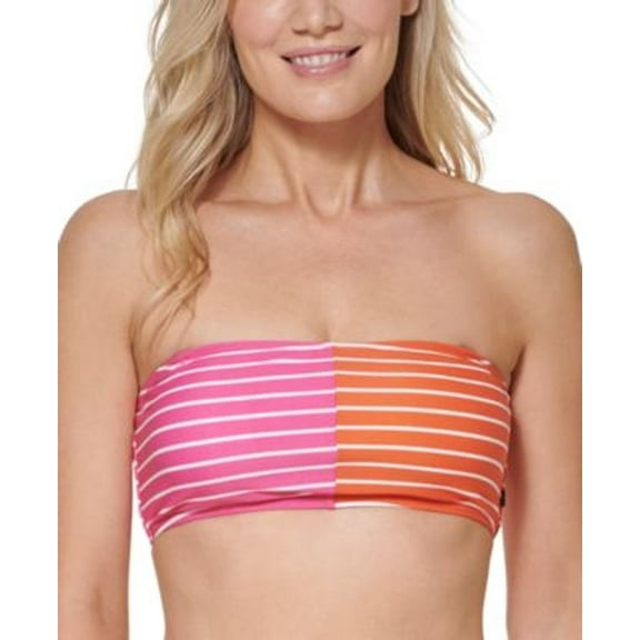 Tommy Hilfiger Women's Striped Bandeau Bikini Bra Top Swimsuit Pink Size Small