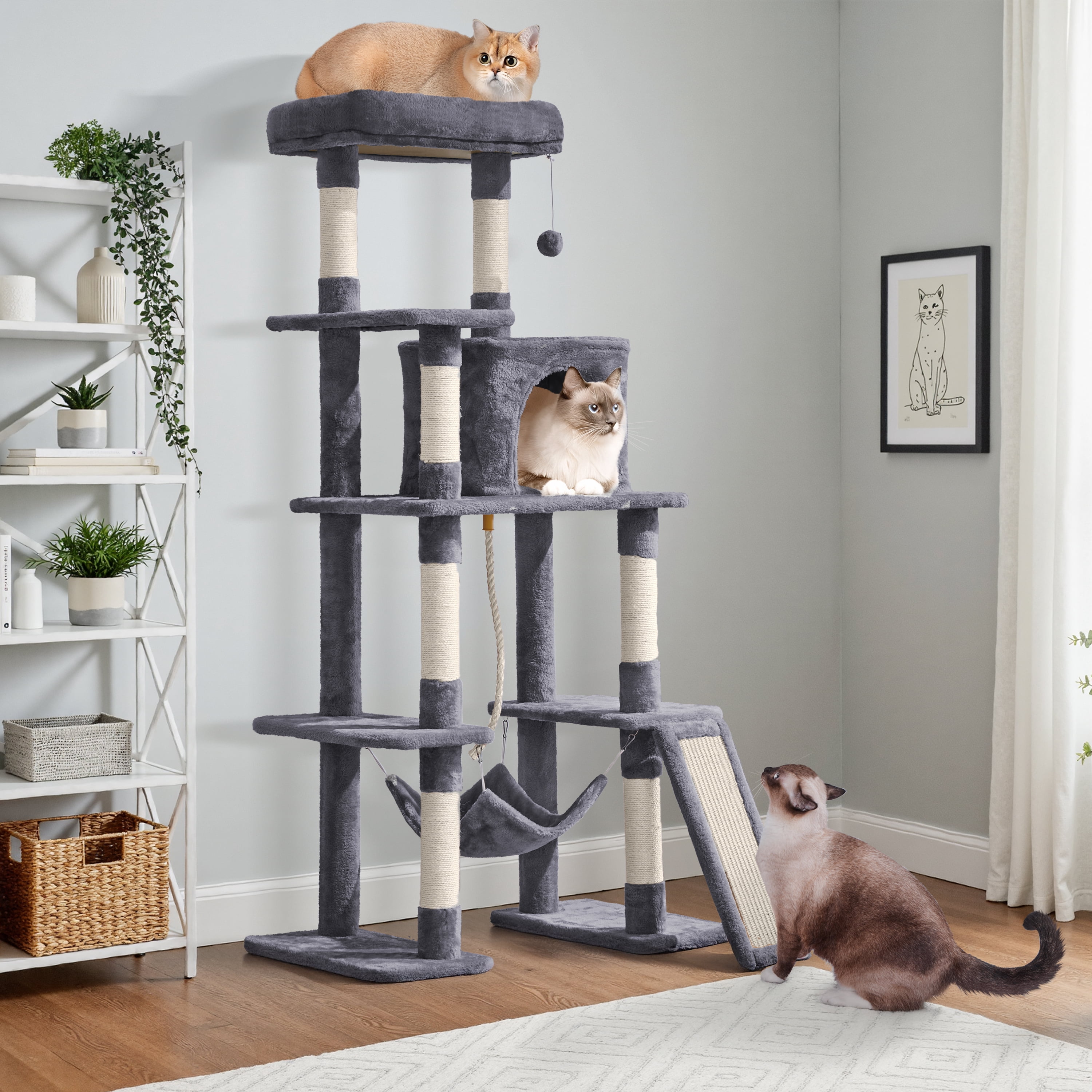 Yaheetech 63 Inch Multilevel Cat Tree with Hammock and 7 Scratching Posts, Dark Gray