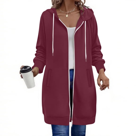 Long Hoodies for Women Zip up Double Zipper Fleece Jacket Sweatshirts Fall Winter Outwear Fashion Tunic Coats Wine L