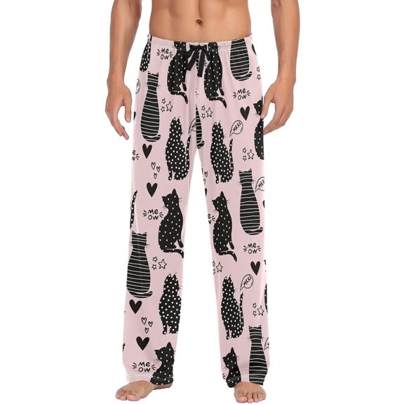 GZHJMY Pajama Pants for Men - Dot Silhouette Cats, Loose Thin PJs Lounge Sleep Bottoms with Pockets Drawstring, Pajama Bottoms for Home and Rest, Small