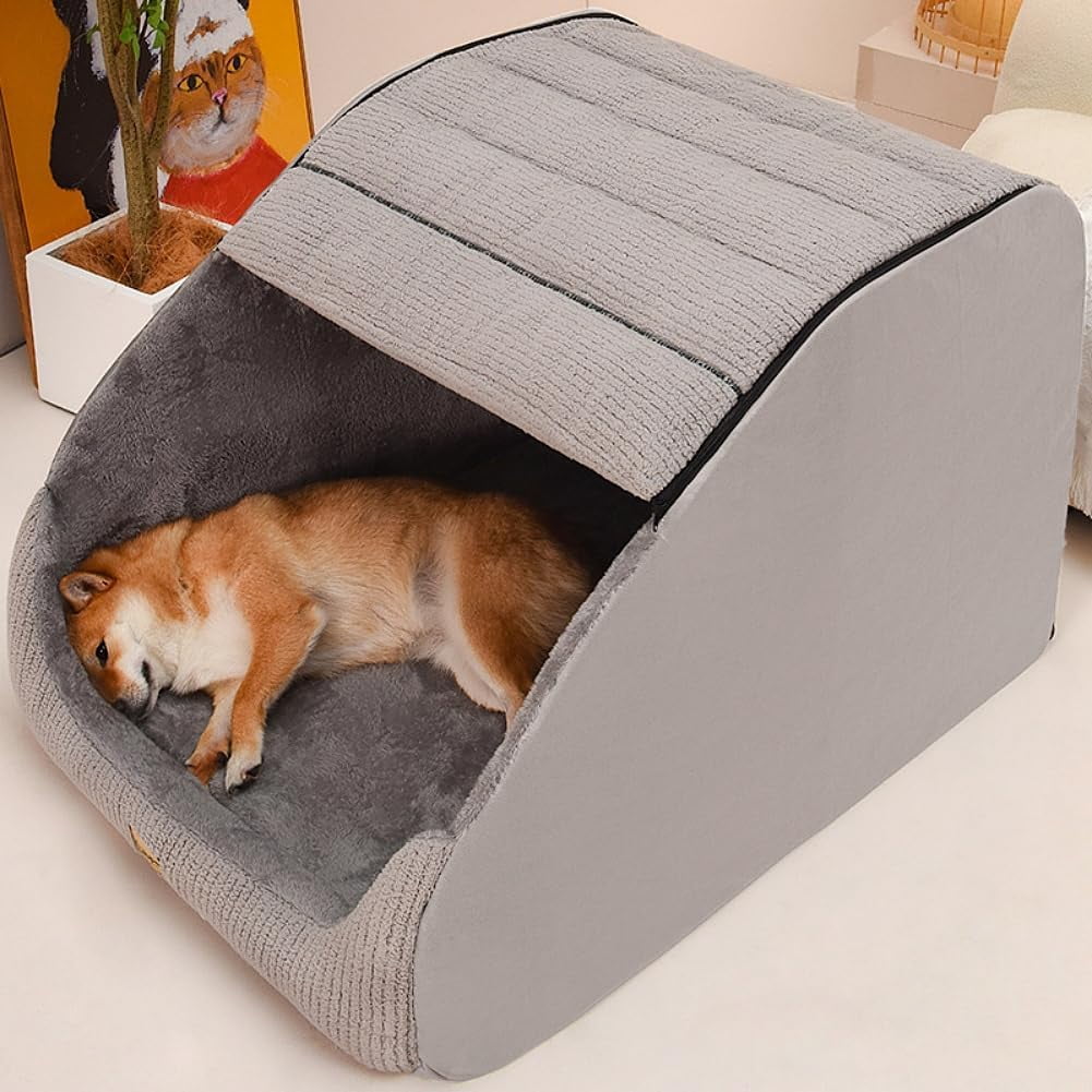 Large Dog House Indoor, Soft Plush Dogs Cave Bed Covered Pet Bed with Fluffy Washable Cushion, Portable Dog/Cat Pet Tent House for Medium Large Dogs (Grey, Medium)