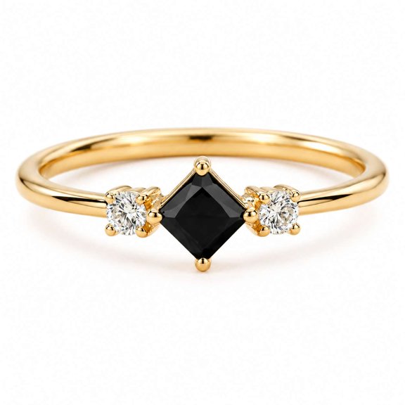 vylahjewellery Classic Black Gemstone Princess Cut Wedding Ring with Round Moissanite Proposal Ring, Engagement Ring, Wedding Ring for Women