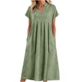 thumbnail image 3 of justHIGH Robe Midi en Coton et Lin pour Femme 2026 Été à Manches Courtes Décontractée Robes Plissées Ligne A Robe de Plage avec Poches Vert Armée,G, 3 of 7