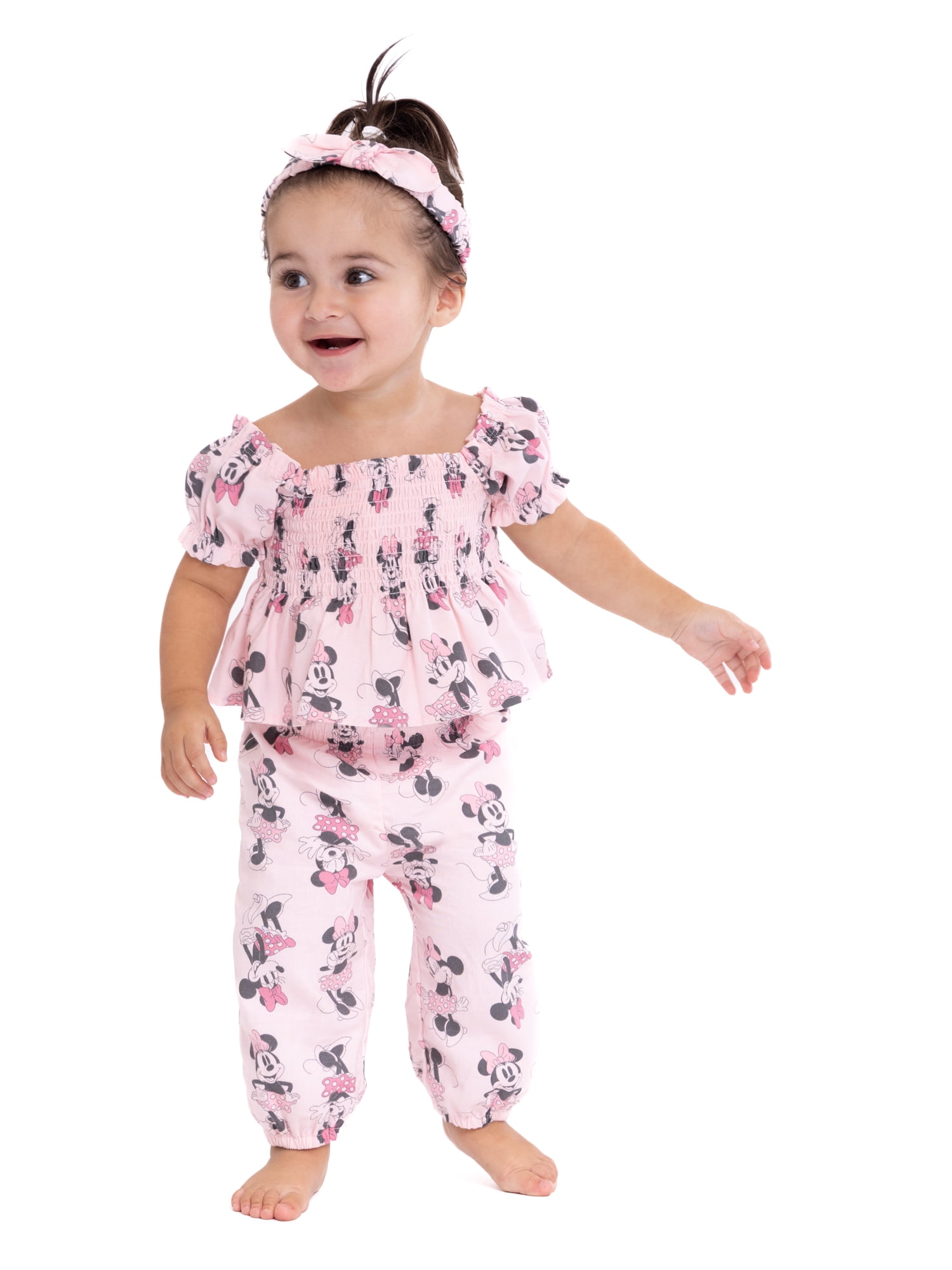 Minnie Mouse Baby Girl Smocked Top and Pants Outfit Set with Headband, Sizes 0/3 Months-24 Months
